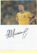 Football. Andriy Shevchenko Signed Autograph Card with Colour Photo attached to 8 x 6 inch Yellow