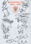 Football Blackpool F.C multi signed 2010-2011 A4 team sheet includes 16 signatures such as Brett