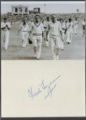Cricket. Frank Tyson Signed Autograph Card with Black and White Photo Attached to Black Card.