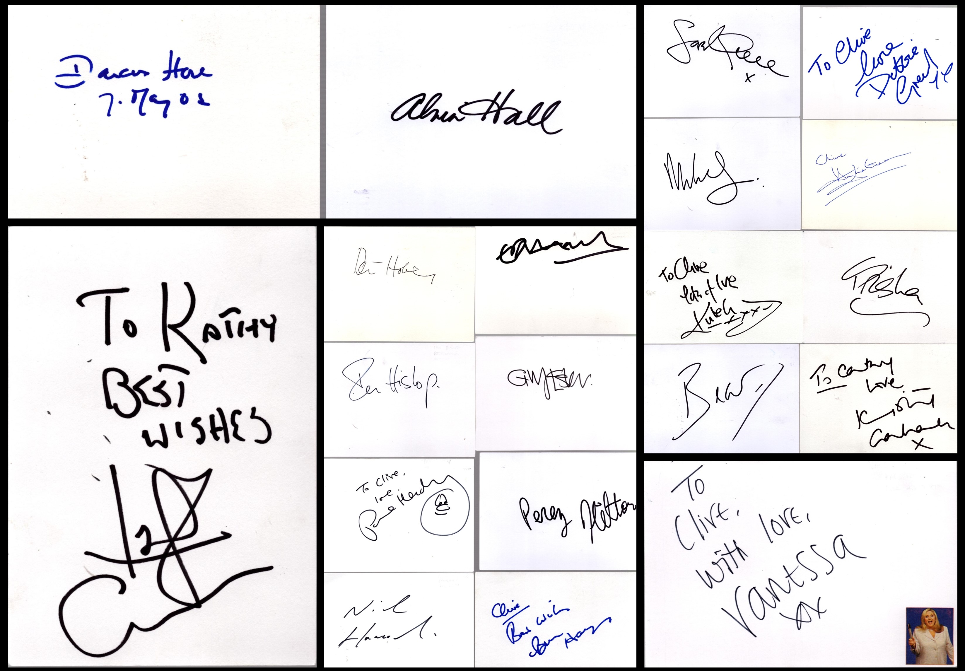 Entertainment collection of 20 signed white cards. Signatures such as Bear Grylls, Kirsty Gallacher,