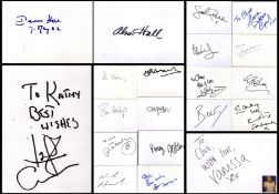 Entertainment collection of 20 signed white cards. Signatures such as Bear Grylls, Kirsty Gallacher,