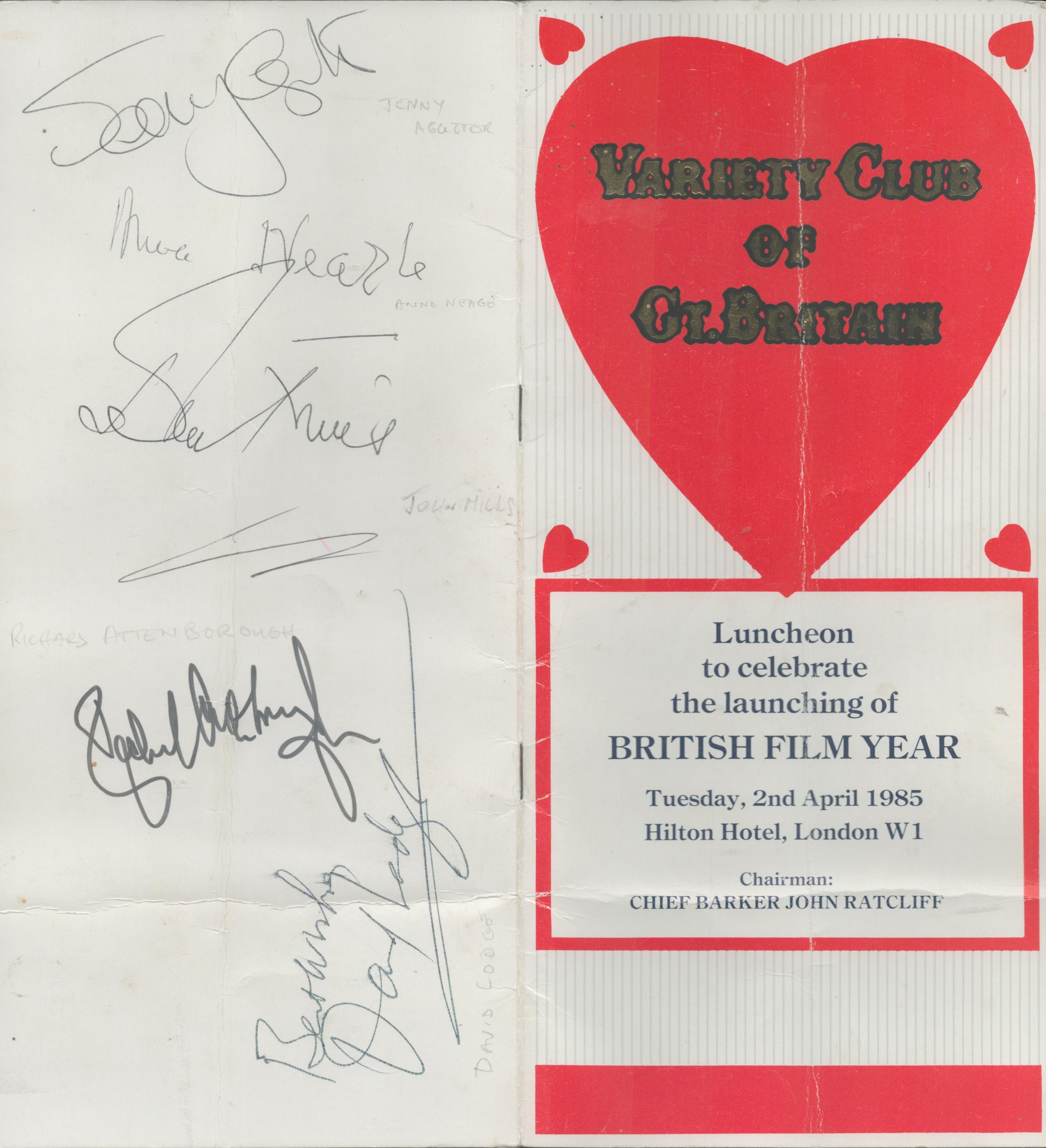 Multi signed Variety club luncheon programme. Signed by Jenny Agutter, Anna Neagle, John Mills,