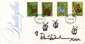 Damien Hirst, a signed Benham silk Butterflies FDC with butterfly and heart sketches added above