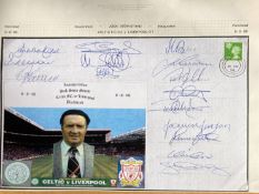 1996, 15 Celtic football squad signed Celtic v Liverpool Jock Stein Stand cover. Includes Gould,