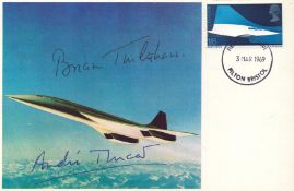 Andre Turcat and Brian Trubshaw, Concorde Test pilots. A dual signed Concorde stamp card FDC with '3