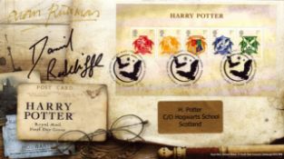 Harry Potter, a Royal Mail FDC signed by Daniel Radcliffe in the title role and Alan Rickman, who