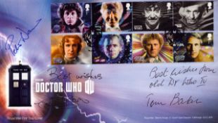 Doctor Who 2013 Royal Mail FDC Signed by Tom Baker (Dr. Who no.4), Peter Davison (no.5) & Colin