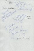 Multi signed album page. Amongst signatures are Kate O'Mara, Amanda White, Julia Lacey and more.