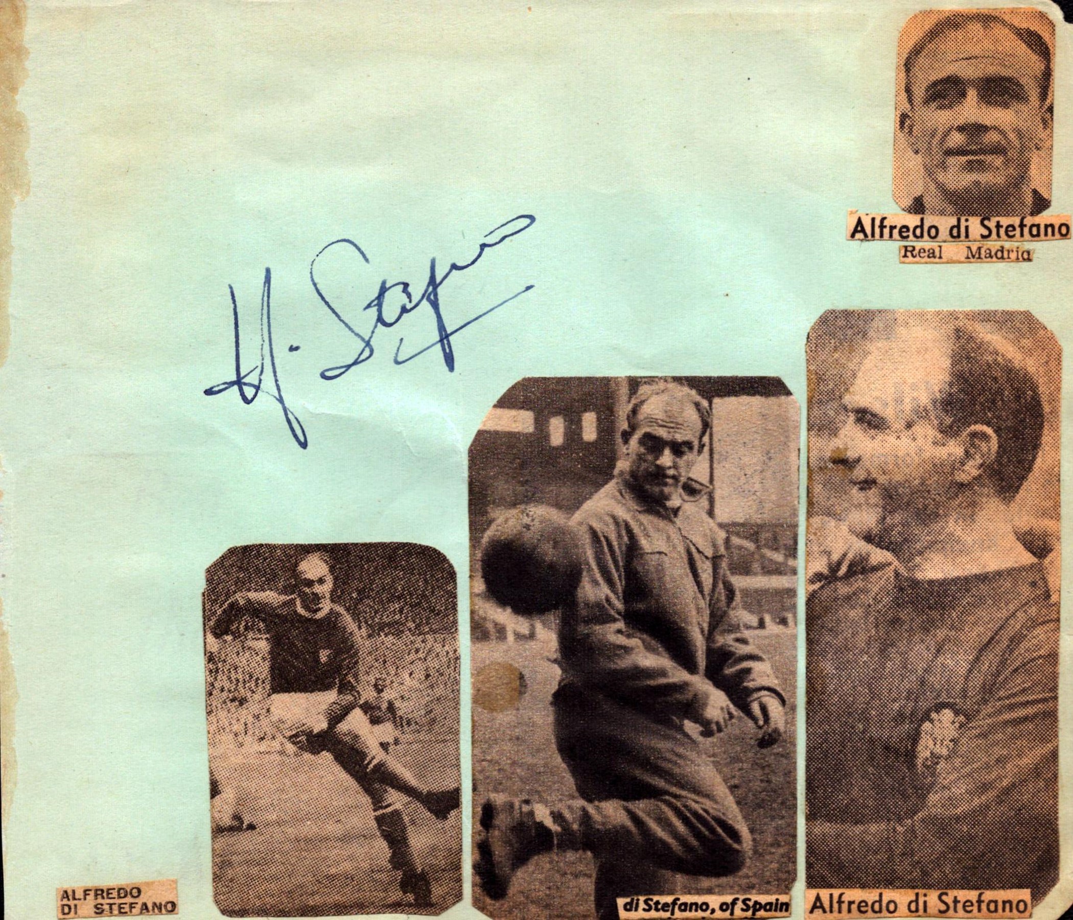 Alfredo Di Stefano signed 6x5 inch album page includes 4 black and white newspaper photos of the