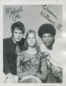 Michael Cole, Peggy Lipton and Clarence Williams III multi signed 5x4 black and white photo. Good
