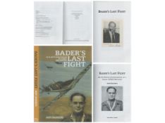 Douglas Bader signed black and white newspaper photo attached inside Bader's last flight hardback