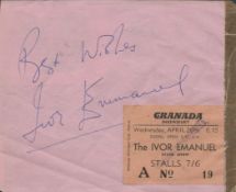 Ivor Emanuel signed 6x4 album page with mounted theatre ticket on reverse Jimmy Edwards dedicated to