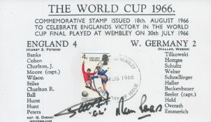 Geoff Hurst and Martin Peters signed World Cup 1966 commemorative card with commemorative stamp.