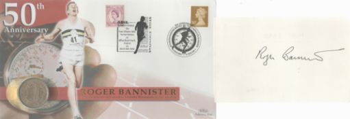 Sir Roger Banister signed white card with nice 50th ann of 4 min mile Benham Coin FDC. Good