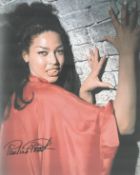 Horror Pauline Peart signed 10 x 8 inch colour photo, Vampire teeth in sexy red dress. Good