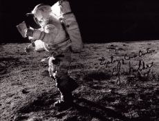 Edgar Mitchell signed 10x8 inch black and white photo pictured on the moon. From single vendor Space
