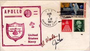 Al Worden and Jim Irwin signed Apollo 15 United States Navy FDI PM USS OKINAWA (LPH3) Aug 7 AM 1971.