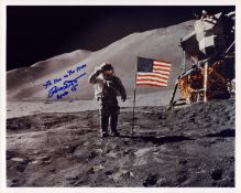 David R. Scott signed 10x8 inch colour photo pictured on the moon inscribed 7th Man on the Moon
