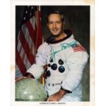 James A. McDivitt signed NASA original 10x8 inch colour photo pictured in space suit. From single