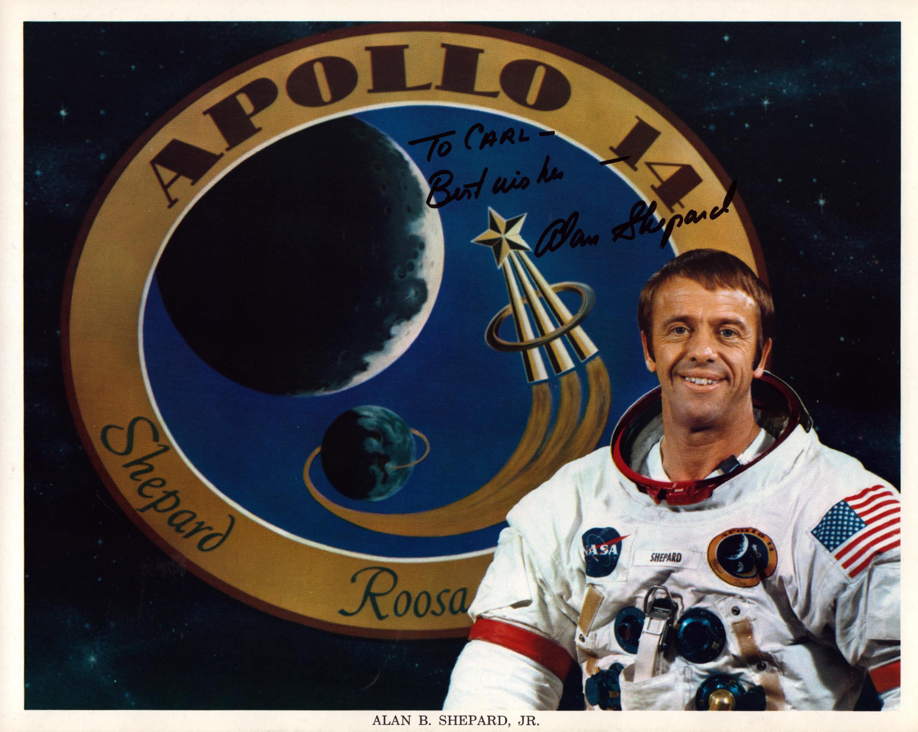 Alan Shepard JR signed Apollo 14 NASA original 10x8 inch colour photo dedicated inscribed To Carl