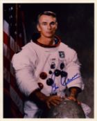Eugene Cernan signed 10x8 inch colour photo pictured in space suit. From single vendor Space