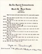 Clyde Tombaugh signed The 10 special commandments according to Tombaugh on A4 sheet.'. From single