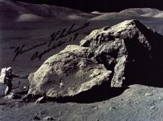 Harrison H. Schmitt signed Apollo XVII 10x8 inch black and white photo pictured is a large bolder in