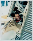 Gordon Cooper signed 10x8inch colour spacesuit photo in shuttle. From single vendor Space