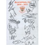 Football Blackpool F.C multi signed 2010-2011 A4 team sheet includes 16 signatures such as Brett