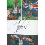 Athletics Mo Farah 12x8 inch signature piece includes signed white card and three colour photos