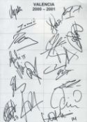 Football Valencia multi signed 2000-2001 A4 team sheet includes 16 signatures such as Roberto Ayala,