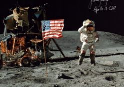 John W. Young signed 10x8 inch colour photo pictured while on the moon inscribed John Young Apollo