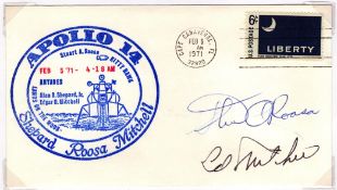 Apollo 14 Stuart Roosa and Edgar Mitchell signed Lands On the Moon cover PM Cape Canaveral FL Feb