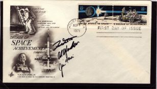 David R. Scott, Al Worden and James Irwin multi signed Decade of Space Achievements 1961-1971 FDI PM