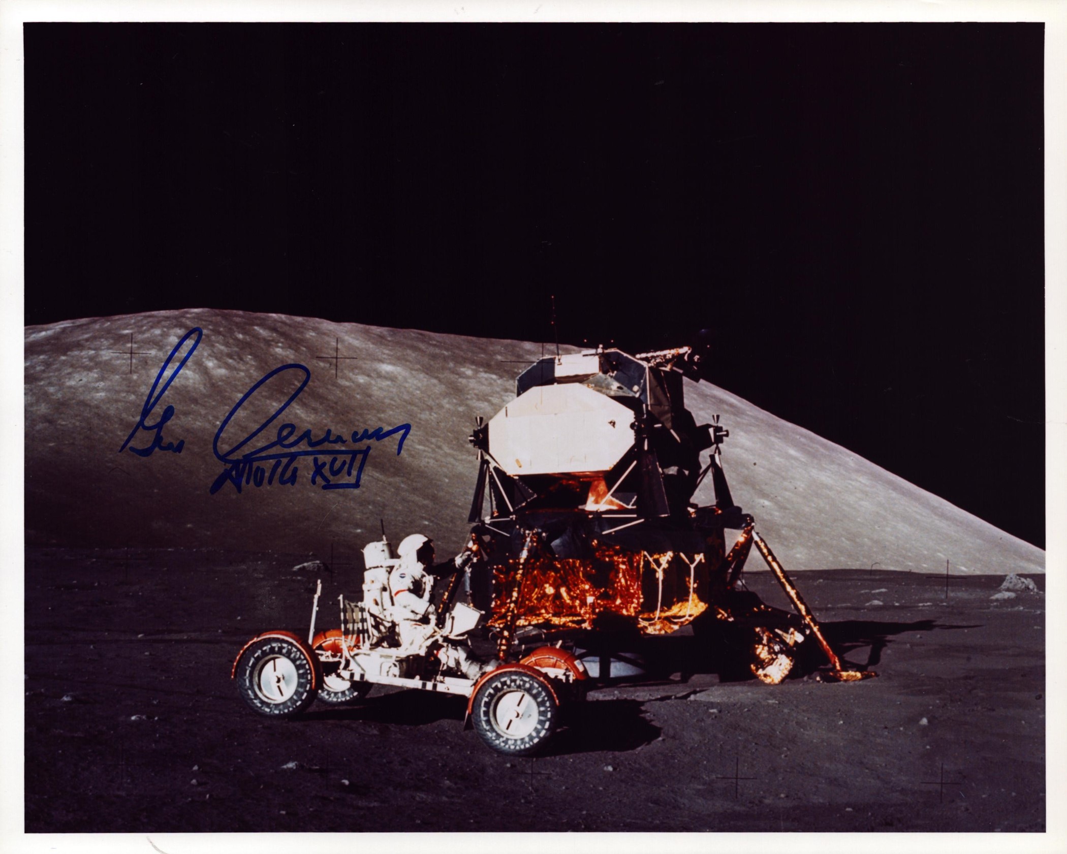 Eugene Cernan signed 10x8 inch colour photo pictured on the moon during Apollo XVII mission. From