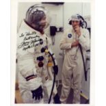 Fred Haise signed 10x8 inch colour photo pictured in Space suit dedicated inscribed To Howard best