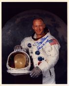 Buzz Aldrin signed 10x8 inch original NASA colour photo picture in Space suit inscribed APOLLO XI