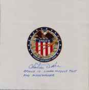 Charles Duke JR signed 9x9 inch Apollo 16 BETA patch inscribed Charlie Duke Apollo 16 Lunar Module