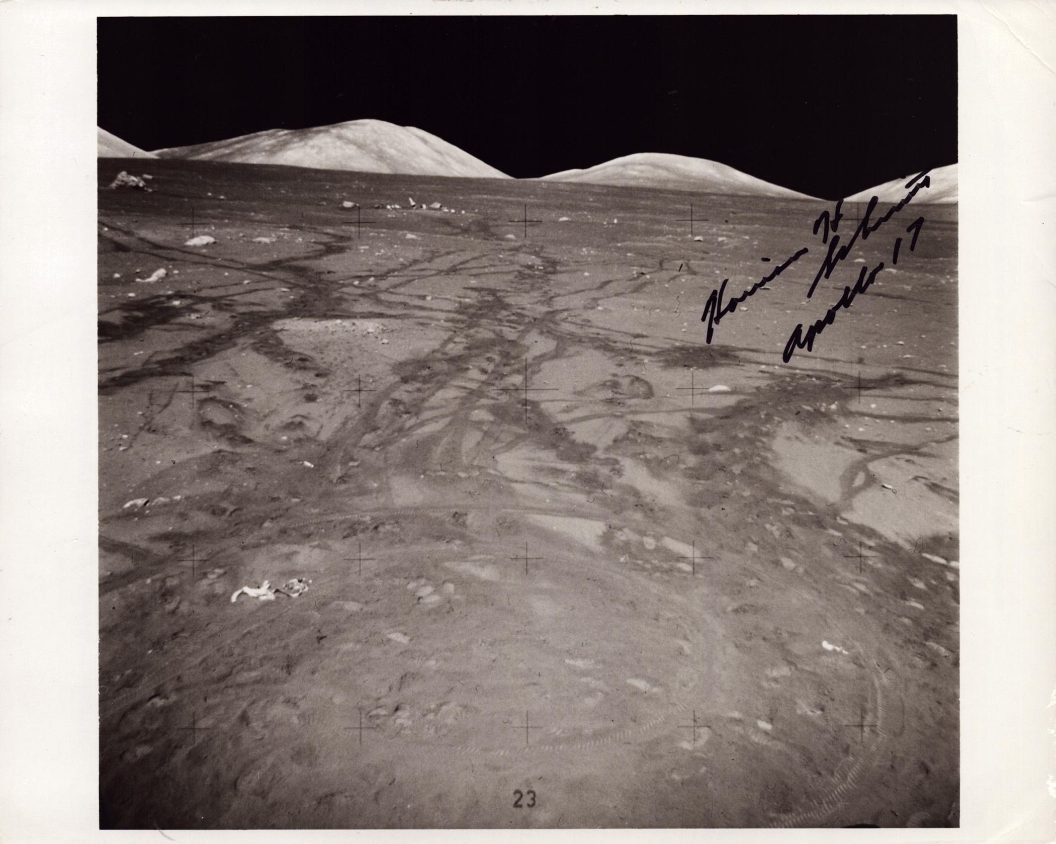 Harrison H. Schmitt signed Apollo XVII 10x8 inch black and white photo picturing the surface of