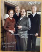 Poirot cast treble signed 10 x 8 colour photo. Signed by Hugh Fraser, Phillip Jackson and Pauline