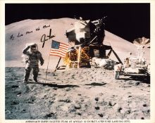Space Apollo Astronaut James B. Irwin signed NASA original 10x8 inch colour photo Irwin salutes flag