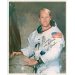 Al Worden signed 10x8 inch colour photo pictured in space suit dedicated. Good condition. All