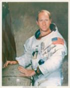 Al Worden signed 10x8 inch colour photo pictured in space suit dedicated. Good condition. All
