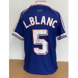 Laurent Blanc signed France World Cup 1998 replica football home shirt. Size Small. Good