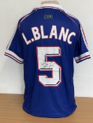 Laurent Blanc signed France World Cup 1998 replica football home shirt. Size Small. Good