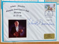 Yehudi Menuhin signed 1990 music Glasgow Concert Hall cover, set on A4 descriptive page with
