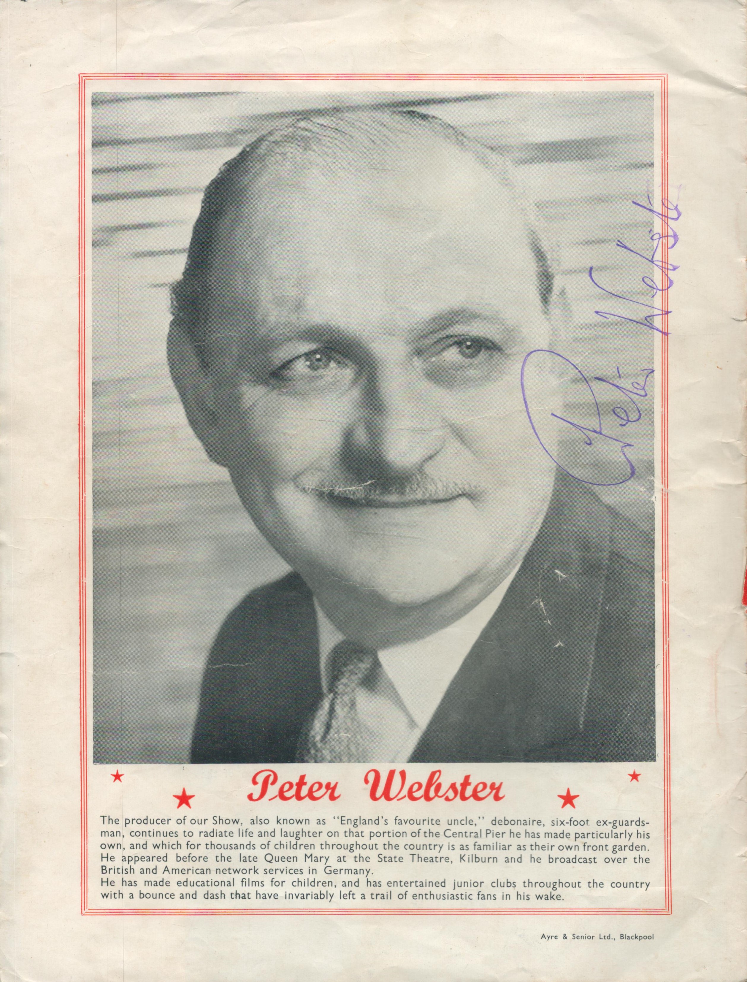 Peter Webster signed black and white page of Let's Have Fun at the Ken Dodd Show magazine. Good