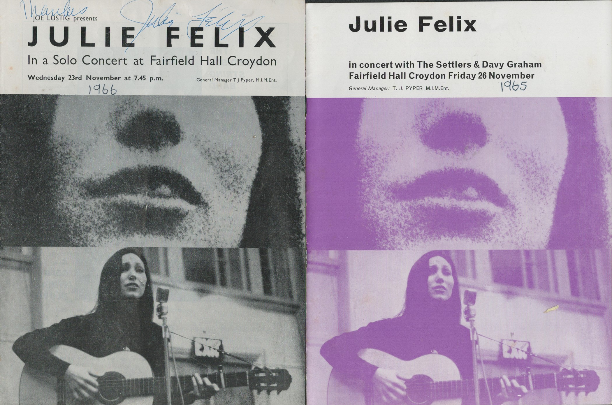 Julie Felix collection includes 1, signed 1966 programme signature on cover and another unsigned