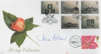 Jane Asher signed Be My Valentine Internet stamps FDC double PM Sailsbury Lover Wilts 6.2.01. Good
