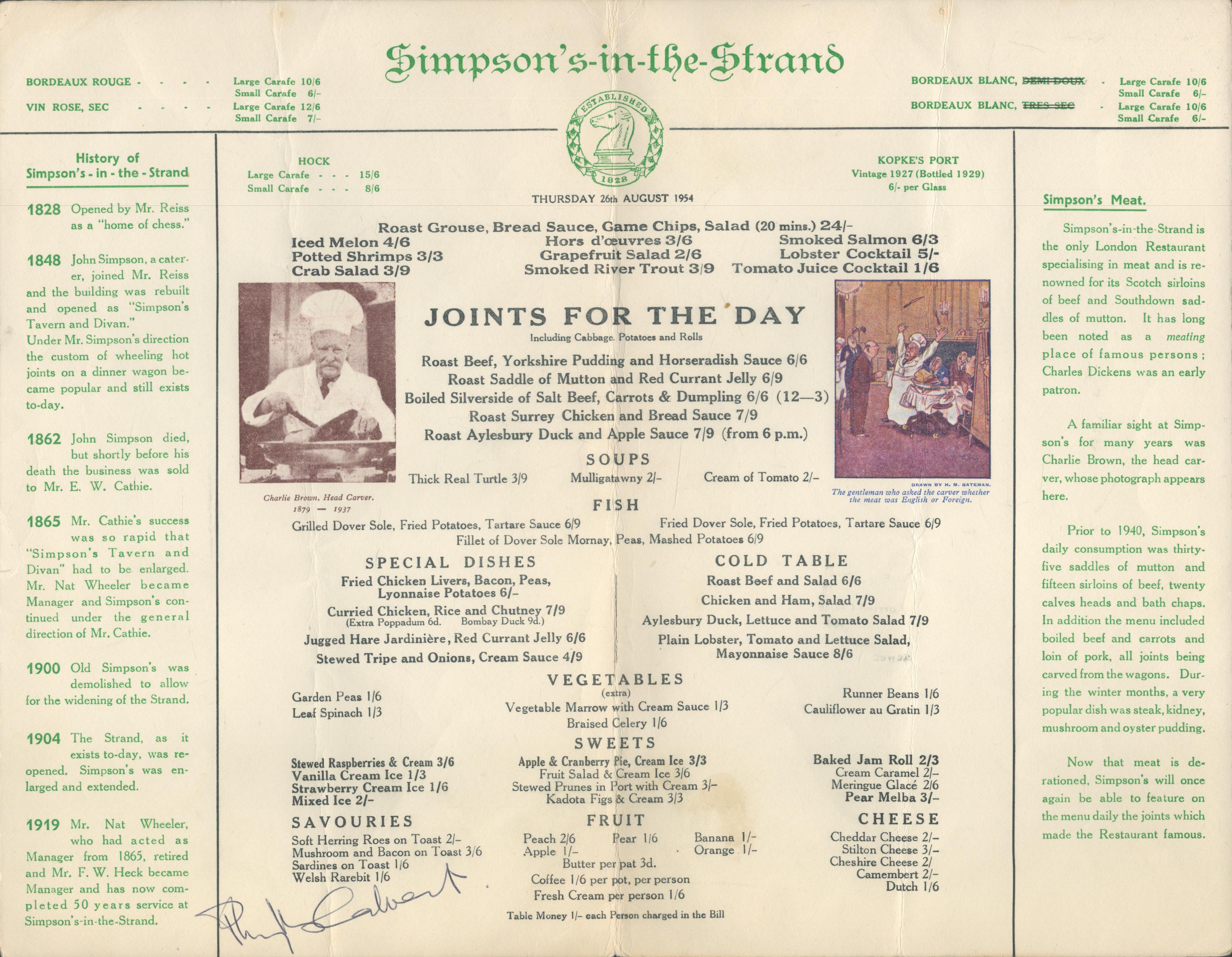 Anthony Steel signed Simpson's in The Strand menu. Menu dated 1955. Good condition. All autographs - Image 2 of 2